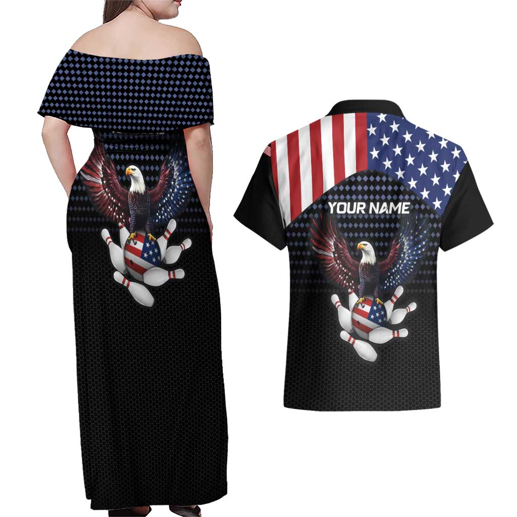Custom Patriotic Bowling Couples Matching Off Shoulder Maxi Dress and Hawaiian Shirt with Bald Eagle, American Flag Bowling Ball - Wonder Print Shop