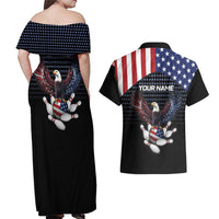 Custom Patriotic Bowling Couples Matching Off Shoulder Maxi Dress and Hawaiian Shirt with Bald Eagle, American Flag Bowling Ball - Wonder Print Shop