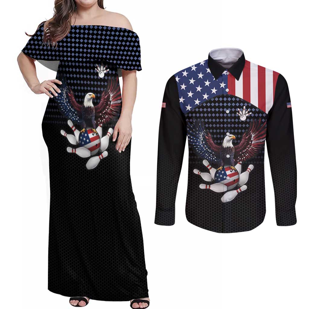 Custom Patriotic Bowling Couples Matching Off Shoulder Maxi Dress and Long Sleeve Button Shirt with Bald Eagle, American Flag Bowling Ball - Wonder Print Shop