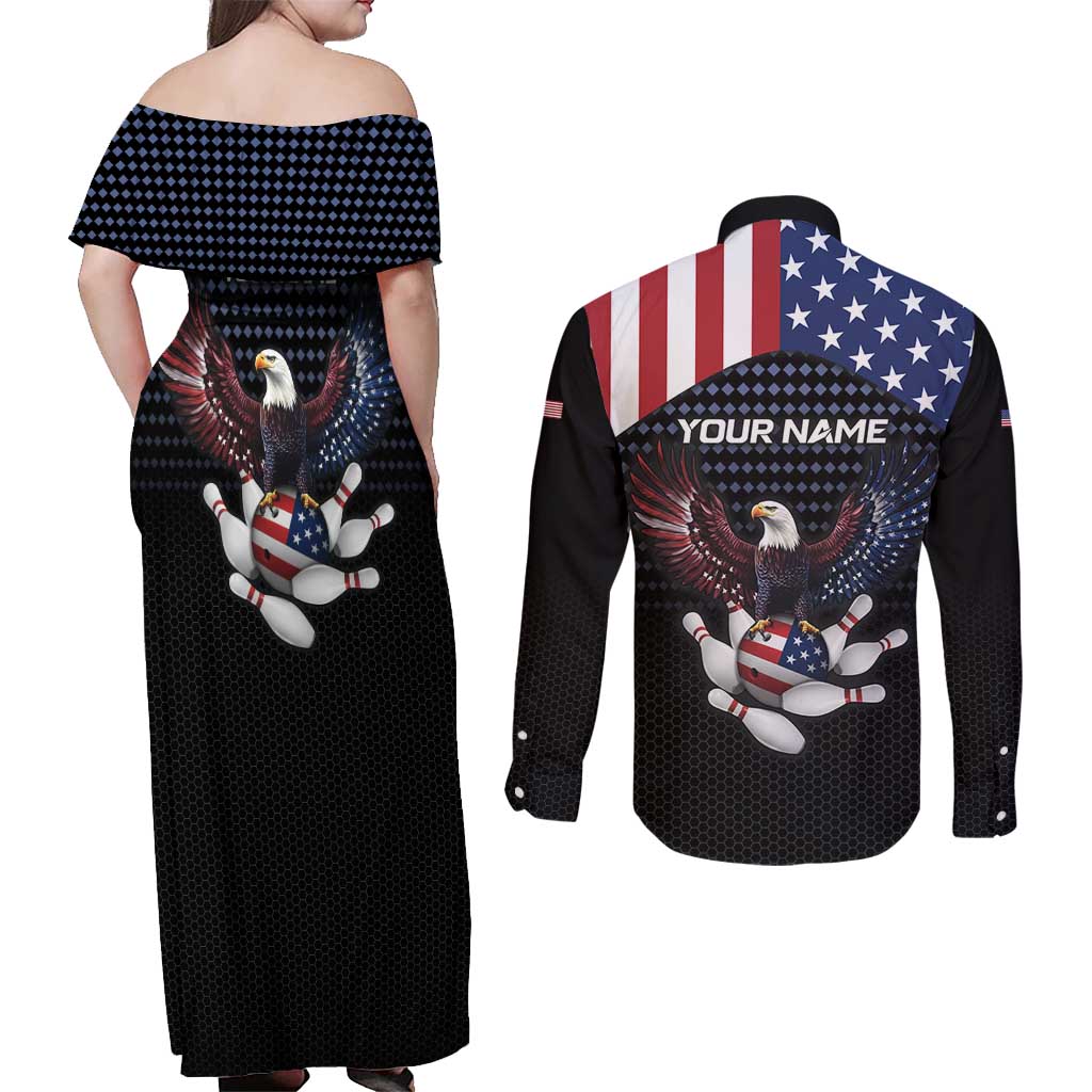 Custom Patriotic Bowling Couples Matching Off Shoulder Maxi Dress and Long Sleeve Button Shirt with Bald Eagle, American Flag Bowling Ball - Wonder Print Shop