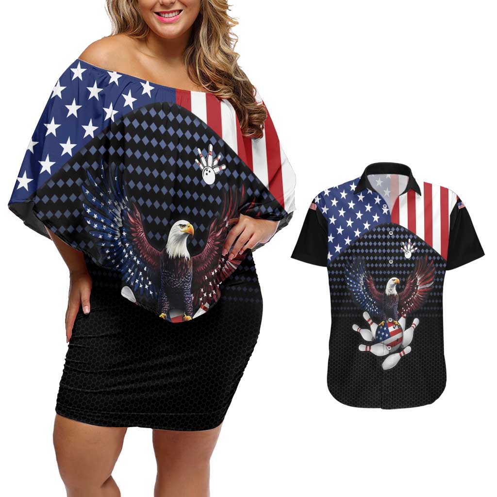 Custom Patriotic Bowling Couples Matching Off Shoulder Short Dress and Hawaiian Shirt with Bald Eagle, American Flag Bowling Ball - Wonder Print Shop