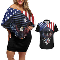 Custom Patriotic Bowling Couples Matching Off Shoulder Short Dress and Hawaiian Shirt with Bald Eagle, American Flag Bowling Ball - Wonder Print Shop