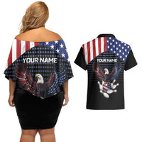 Custom Patriotic Bowling Couples Matching Off Shoulder Short Dress and Hawaiian Shirt with Bald Eagle, American Flag Bowling Ball - Wonder Print Shop