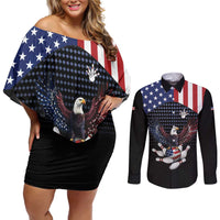 Custom Patriotic Bowling Couples Matching Off Shoulder Short Dress and Long Sleeve Button Shirt with Bald Eagle, American Flag Bowling Ball - Wonder Print Shop