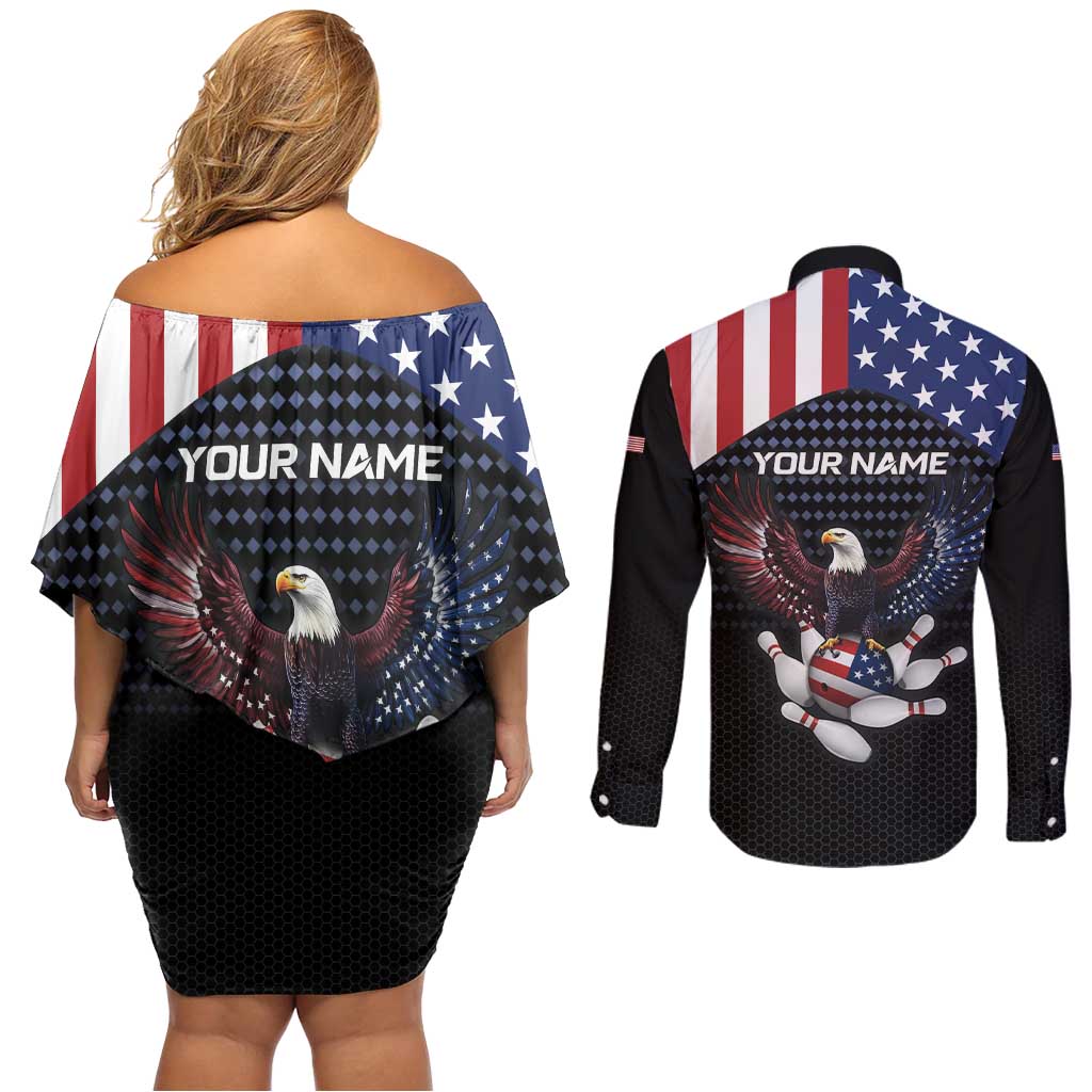 Custom Patriotic Bowling Couples Matching Off Shoulder Short Dress and Long Sleeve Button Shirt with Bald Eagle, American Flag Bowling Ball - Wonder Print Shop