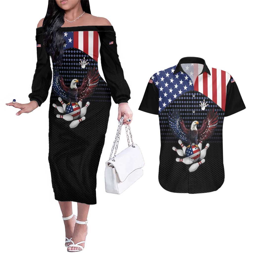 Custom Patriotic Bowling Couples Matching Off The Shoulder Long Sleeve Dress and Hawaiian Shirt with Bald Eagle, American Flag Bowling Ball - Wonder Print Shop