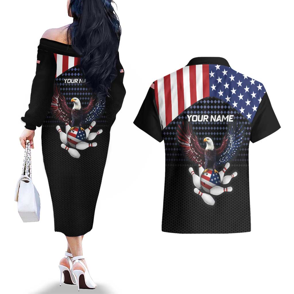 Custom Patriotic Bowling Couples Matching Off The Shoulder Long Sleeve Dress and Hawaiian Shirt with Bald Eagle, American Flag Bowling Ball - Wonder Print Shop