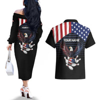 Custom Patriotic Bowling Couples Matching Off The Shoulder Long Sleeve Dress and Hawaiian Shirt with Bald Eagle, American Flag Bowling Ball - Wonder Print Shop