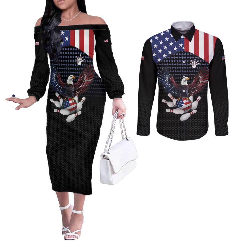 Custom Patriotic Bowling Couples Matching Off The Shoulder Long Sleeve Dress and Long Sleeve Button Shirt with Bald Eagle, American Flag Bowling Ball - Wonder Print Shop