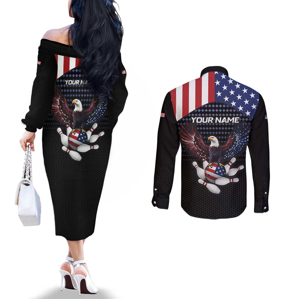 Custom Patriotic Bowling Couples Matching Off The Shoulder Long Sleeve Dress and Long Sleeve Button Shirt with Bald Eagle, American Flag Bowling Ball - Wonder Print Shop