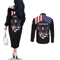 Custom Patriotic Bowling Couples Matching Off The Shoulder Long Sleeve Dress and Long Sleeve Button Shirt with Bald Eagle, American Flag Bowling Ball - Wonder Print Shop