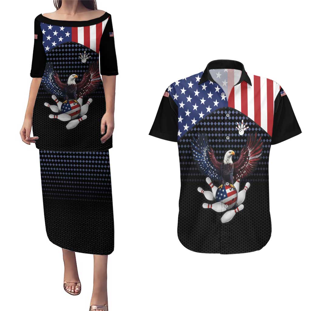 Custom Patriotic Bowling Couples Matching Puletasi and Hawaiian Shirt with Bald Eagle, American Flag Bowling Ball - Wonder Print Shop