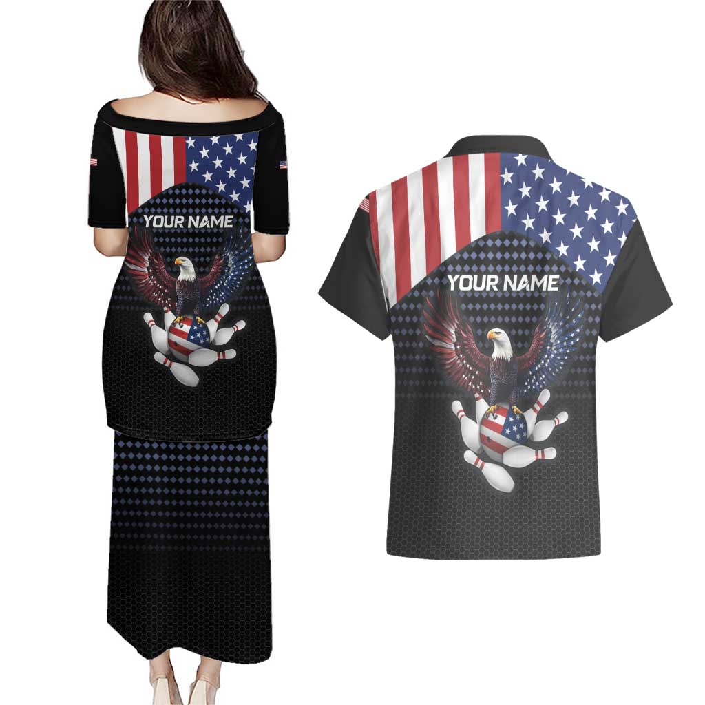 Custom Patriotic Bowling Couples Matching Puletasi and Hawaiian Shirt with Bald Eagle, American Flag Bowling Ball - Wonder Print Shop