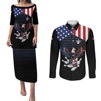 Custom Patriotic Bowling Couples Matching Puletasi and Long Sleeve Button Shirt with Bald Eagle, American Flag Bowling Ball - Wonder Print Shop