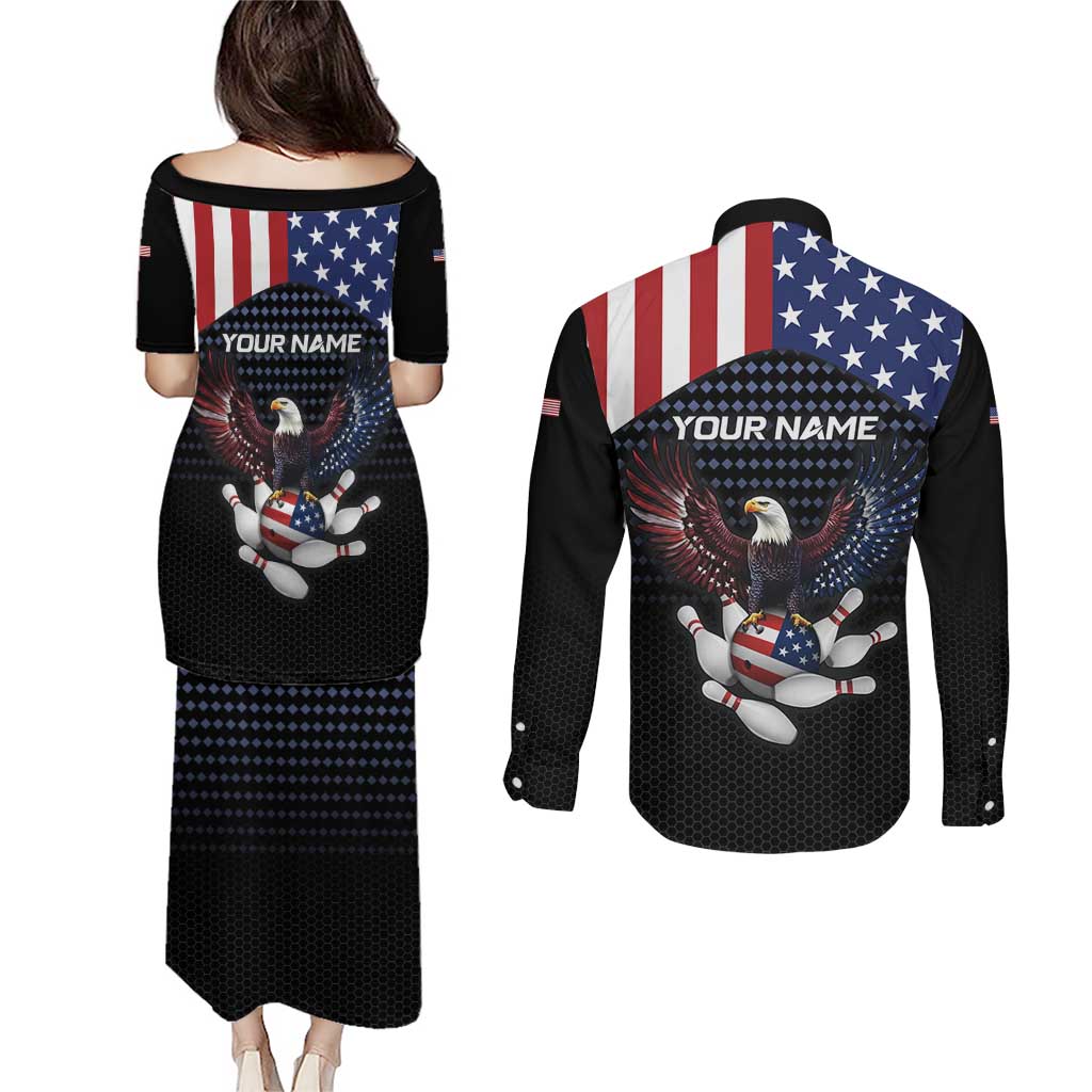 Custom Patriotic Bowling Couples Matching Puletasi and Long Sleeve Button Shirt with Bald Eagle, American Flag Bowling Ball - Wonder Print Shop