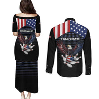 Custom Patriotic Bowling Couples Matching Puletasi and Long Sleeve Button Shirt with Bald Eagle, American Flag Bowling Ball - Wonder Print Shop