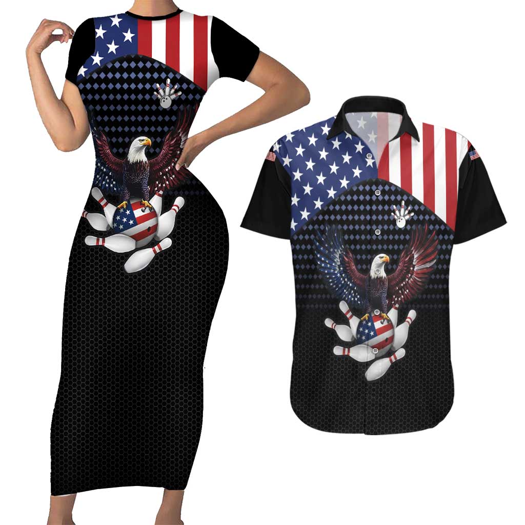 Custom Patriotic Bowling Couples Matching Short Sleeve Bodycon Dress and Hawaiian Shirt with Bald Eagle, American Flag Bowling Ball - Wonder Print Shop