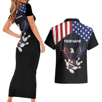 Custom Patriotic Bowling Couples Matching Short Sleeve Bodycon Dress and Hawaiian Shirt with Bald Eagle, American Flag Bowling Ball - Wonder Print Shop