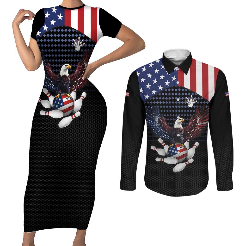 Custom Patriotic Bowling Couples Matching Short Sleeve Bodycon Dress and Long Sleeve Button Shirt with Bald Eagle, American Flag Bowling Ball - Wonder Print Shop