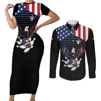 Custom Patriotic Bowling Couples Matching Short Sleeve Bodycon Dress and Long Sleeve Button Shirt with Bald Eagle, American Flag Bowling Ball - Wonder Print Shop