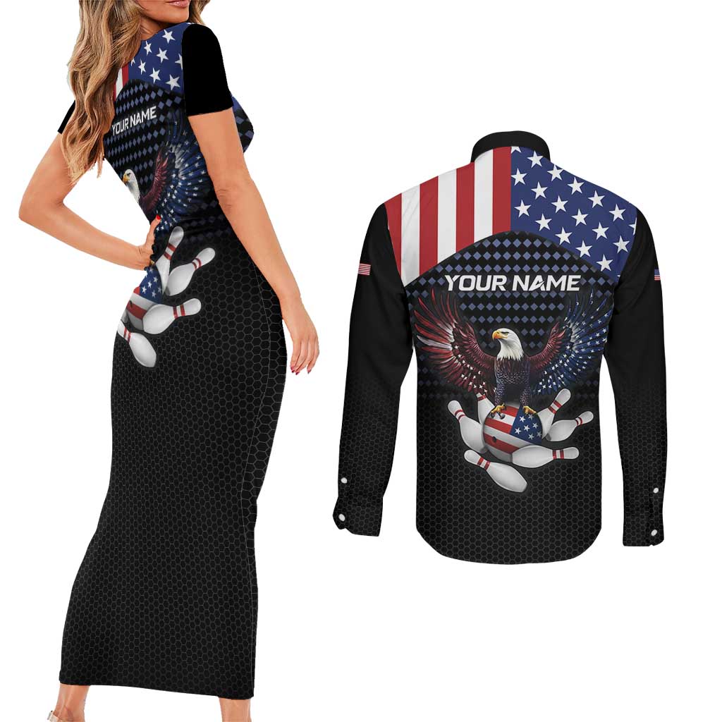 Custom Patriotic Bowling Couples Matching Short Sleeve Bodycon Dress and Long Sleeve Button Shirt with Bald Eagle, American Flag Bowling Ball - Wonder Print Shop
