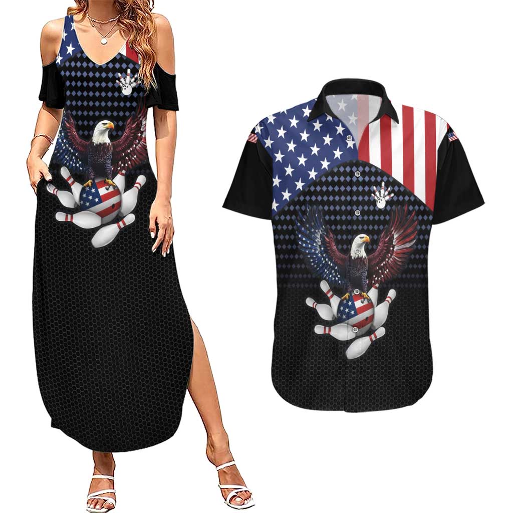 Custom Patriotic Bowling Couples Matching Summer Maxi Dress and Hawaiian Shirt with Bald Eagle, American Flag Bowling Ball - Wonder Print Shop