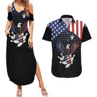 Custom Patriotic Bowling Couples Matching Summer Maxi Dress and Hawaiian Shirt with Bald Eagle, American Flag Bowling Ball - Wonder Print Shop