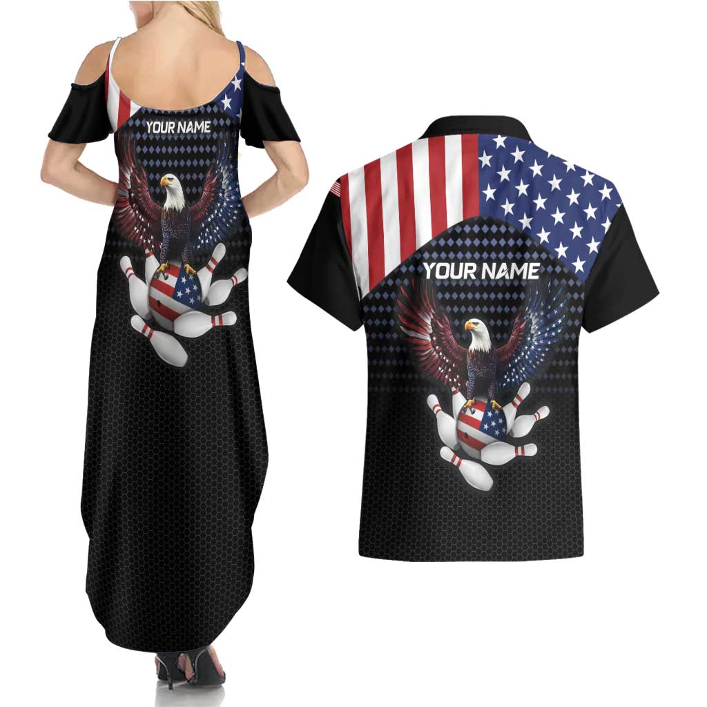 Custom Patriotic Bowling Couples Matching Summer Maxi Dress and Hawaiian Shirt with Bald Eagle, American Flag Bowling Ball - Wonder Print Shop