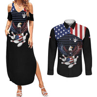 Custom Patriotic Bowling Couples Matching Summer Maxi Dress and Long Sleeve Button Shirt with Bald Eagle, American Flag Bowling Ball - Wonder Print Shop
