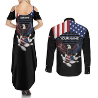 Custom Patriotic Bowling Couples Matching Summer Maxi Dress and Long Sleeve Button Shirt with Bald Eagle, American Flag Bowling Ball - Wonder Print Shop