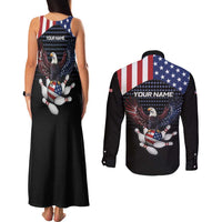Custom Patriotic Bowling Couples Matching Tank Maxi Dress and Long Sleeve Button Shirt with Bald Eagle, American Flag Bowling Ball - Wonder Print Shop