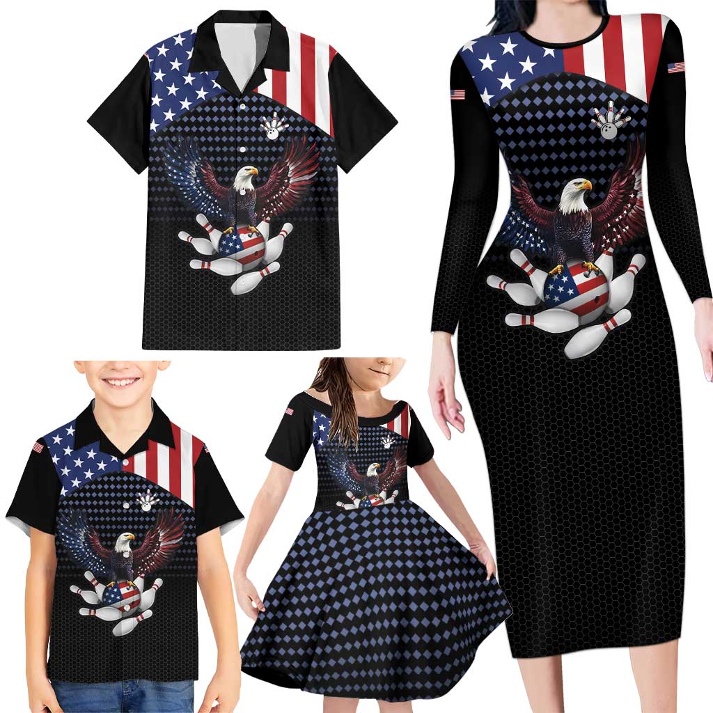 Custom Patriotic Bowling Family Matching Long Sleeve Bodycon Dress and Hawaiian Shirt with Bald Eagle, American Flag Bowling Ball - Wonder Print Shop