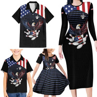 Custom Patriotic Bowling Family Matching Long Sleeve Bodycon Dress and Hawaiian Shirt with Bald Eagle, American Flag Bowling Ball - Wonder Print Shop