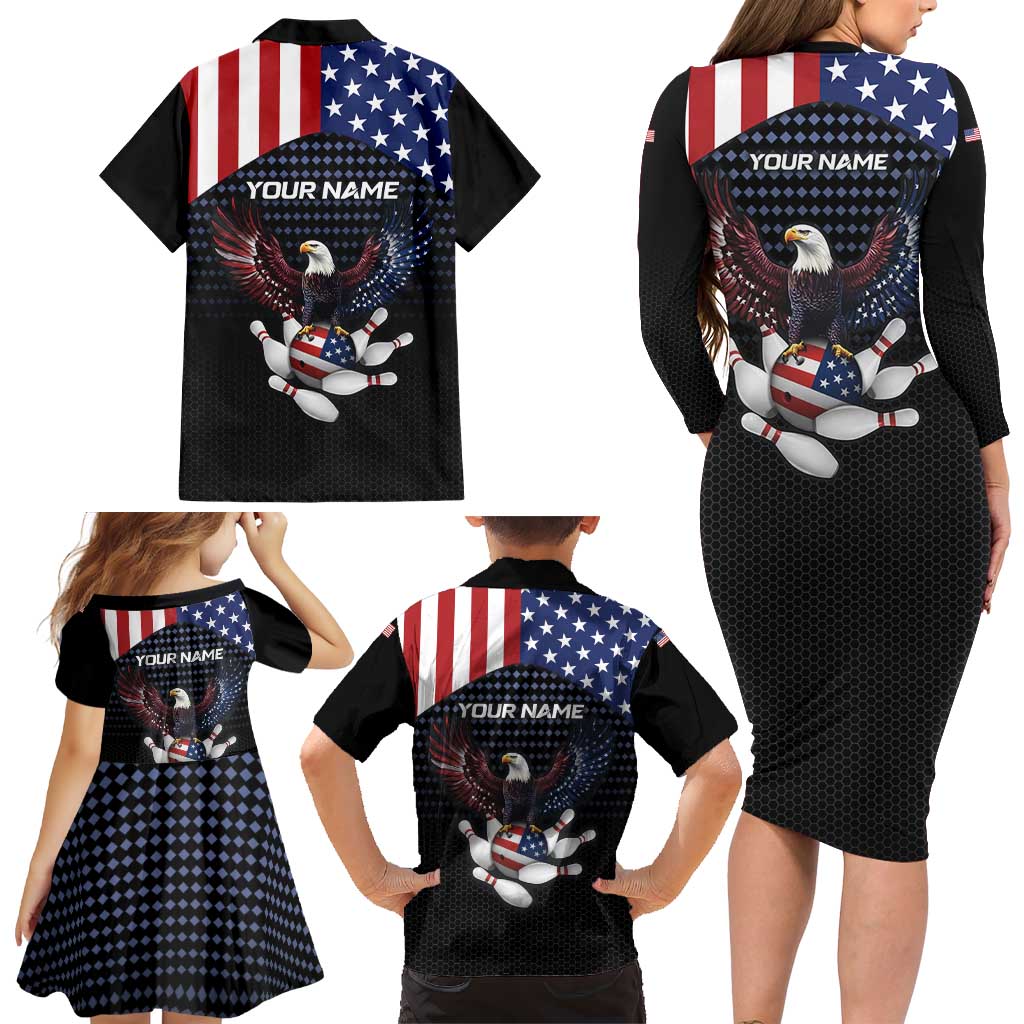 Custom Patriotic Bowling Family Matching Long Sleeve Bodycon Dress and Hawaiian Shirt with Bald Eagle, American Flag Bowling Ball - Wonder Print Shop