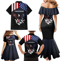 Custom Patriotic Bowling Family Matching Mermaid Dress and Hawaiian Shirt with Bald Eagle, American Flag Bowling Ball - Wonder Print Shop