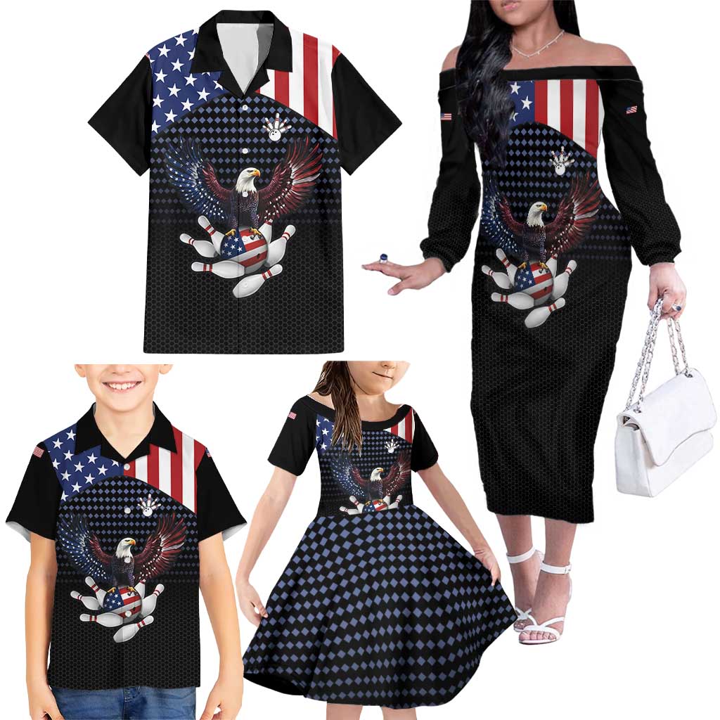 Custom Patriotic Bowling Family Matching Off The Shoulder Long Sleeve Dress and Hawaiian Shirt with Bald Eagle, American Flag Bowling Ball - Wonder Print Shop