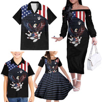 Custom Patriotic Bowling Family Matching Off The Shoulder Long Sleeve Dress and Hawaiian Shirt with Bald Eagle, American Flag Bowling Ball - Wonder Print Shop