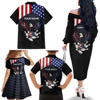 Custom Patriotic Bowling Family Matching Off The Shoulder Long Sleeve Dress and Hawaiian Shirt with Bald Eagle, American Flag Bowling Ball - Wonder Print Shop