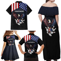 Custom Patriotic Bowling Family Matching Off Shoulder Maxi Dress and Hawaiian Shirt with Bald Eagle, American Flag Bowling Ball - Wonder Print Shop
