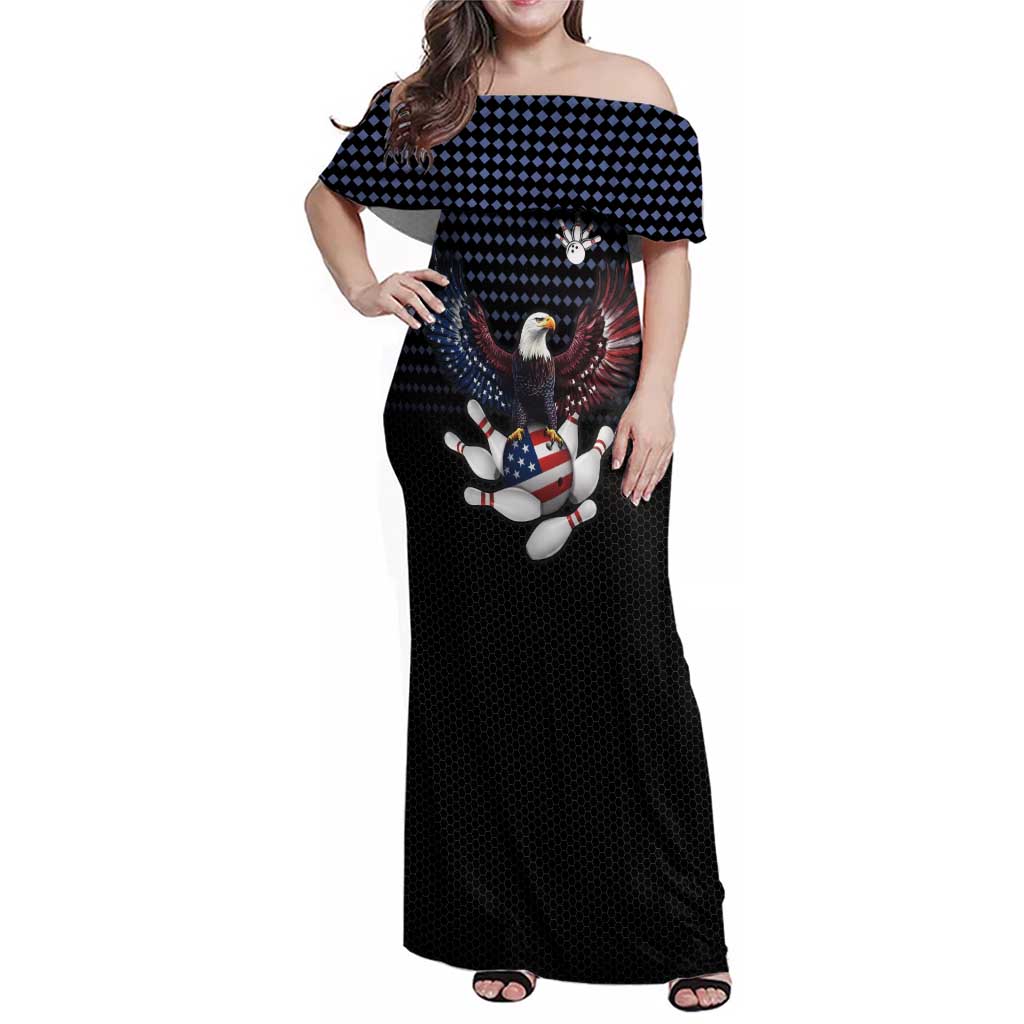 Custom Patriotic Bowling Family Matching Off Shoulder Maxi Dress and Hawaiian Shirt with Bald Eagle, American Flag Bowling Ball - Wonder Print Shop