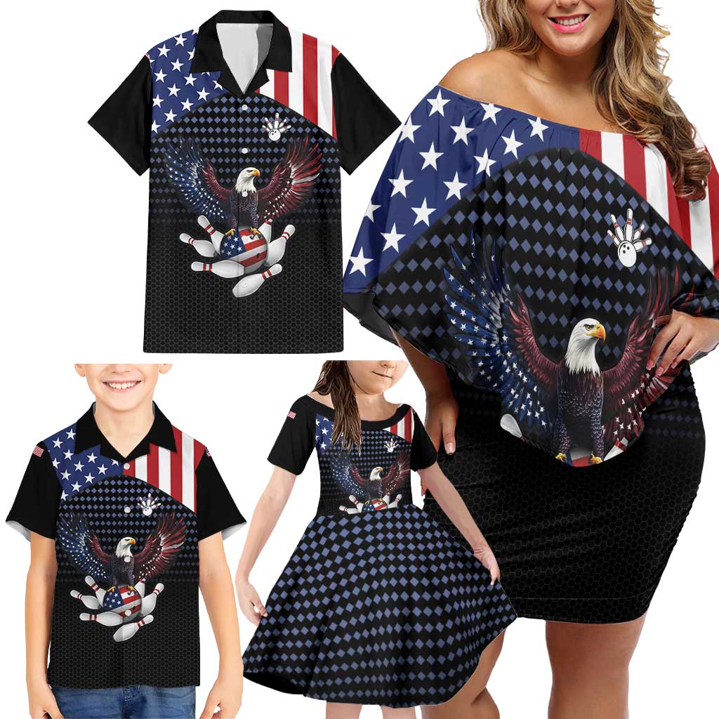 Custom Patriotic Bowling Family Matching Off Shoulder Short Dress and Hawaiian Shirt with Bald Eagle, American Flag Bowling Ball - Wonder Print Shop