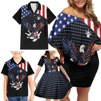 Custom Patriotic Bowling Family Matching Off Shoulder Short Dress and Hawaiian Shirt with Bald Eagle, American Flag Bowling Ball - Wonder Print Shop