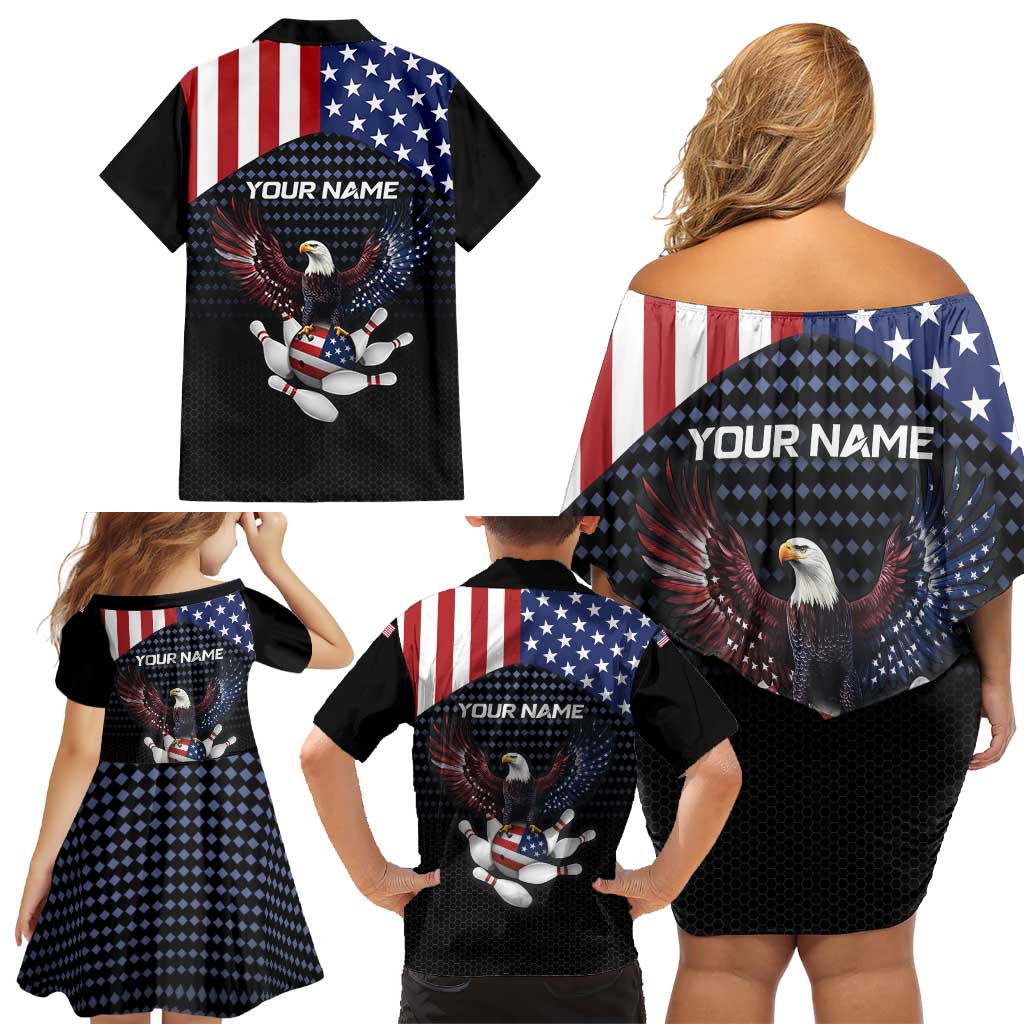 Custom Patriotic Bowling Family Matching Off Shoulder Short Dress and Hawaiian Shirt with Bald Eagle, American Flag Bowling Ball - Wonder Print Shop