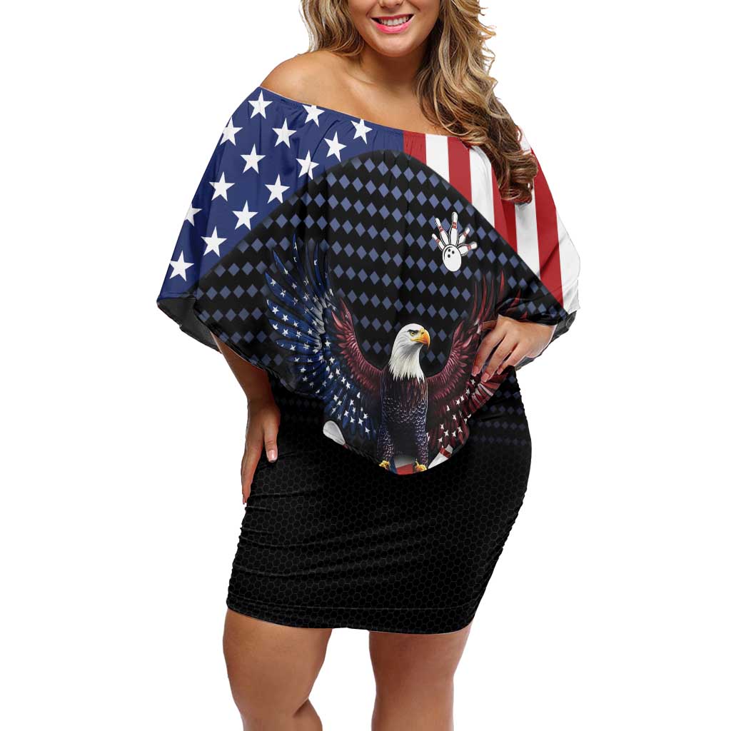 Custom Patriotic Bowling Family Matching Off Shoulder Short Dress and Hawaiian Shirt with Bald Eagle, American Flag Bowling Ball - Wonder Print Shop