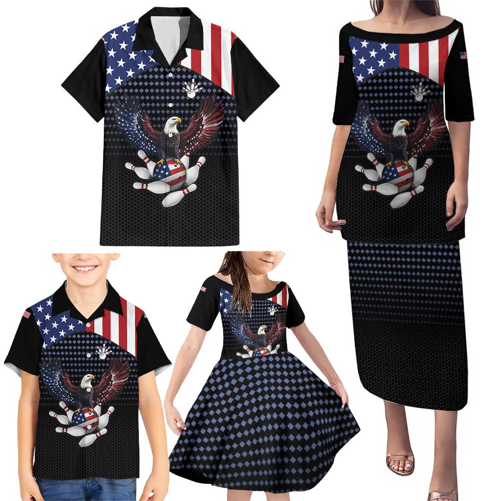 Custom Patriotic Bowling Family Matching Puletasi and Hawaiian Shirt with Bald Eagle, American Flag Bowling Ball - Wonder Print Shop