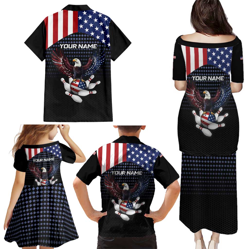 Custom Patriotic Bowling Family Matching Puletasi and Hawaiian Shirt with Bald Eagle, American Flag Bowling Ball - Wonder Print Shop