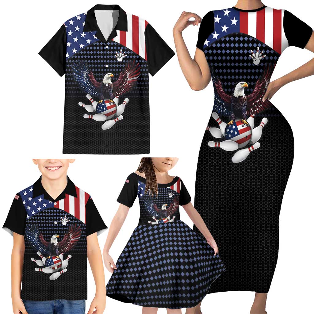 Custom Patriotic Bowling Family Matching Short Sleeve Bodycon Dress and Hawaiian Shirt with Bald Eagle, American Flag Bowling Ball - Wonder Print Shop