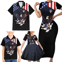 Custom Patriotic Bowling Family Matching Short Sleeve Bodycon Dress and Hawaiian Shirt with Bald Eagle, American Flag Bowling Ball - Wonder Print Shop