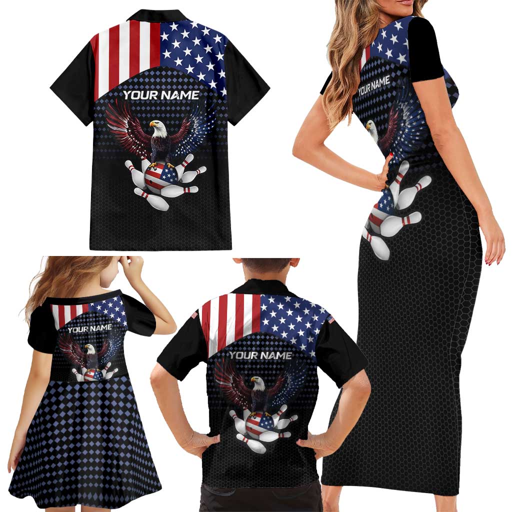 Custom Patriotic Bowling Family Matching Short Sleeve Bodycon Dress and Hawaiian Shirt with Bald Eagle, American Flag Bowling Ball - Wonder Print Shop