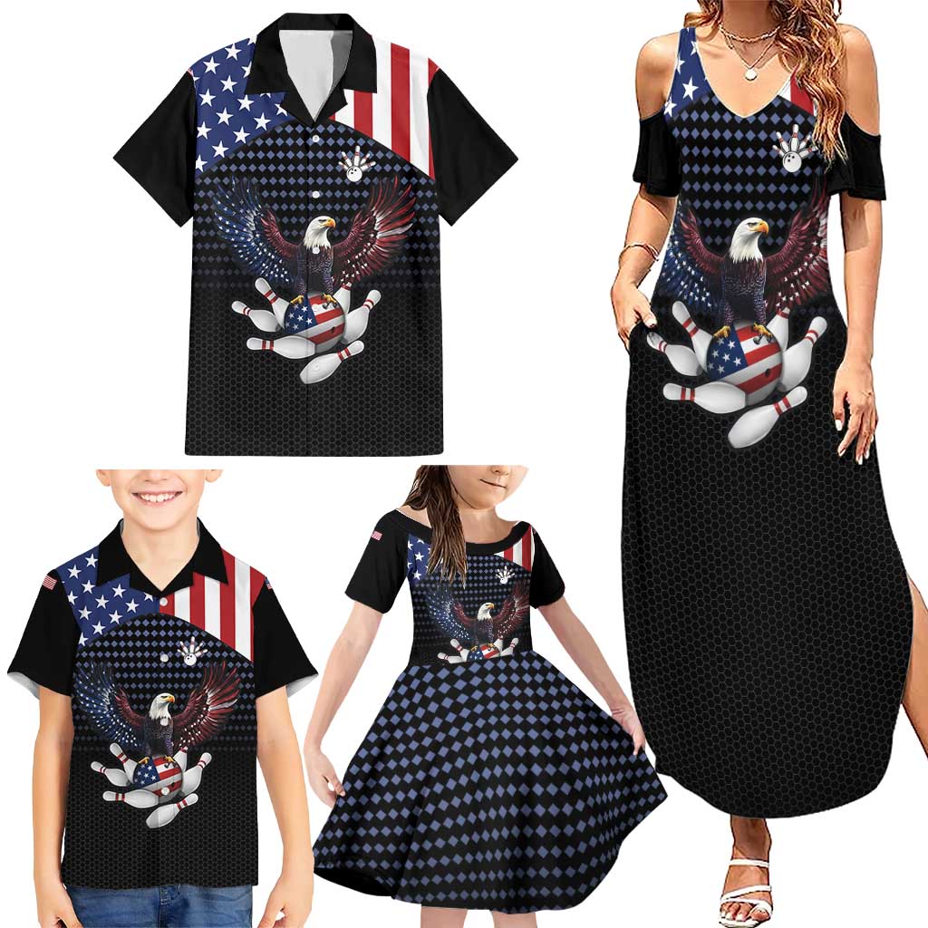 Custom Patriotic Bowling Family Matching Summer Maxi Dress and Hawaiian Shirt with Bald Eagle, American Flag Bowling Ball - Wonder Print Shop